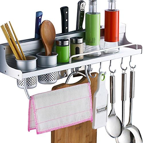Pot Pan Rack,6 in 1 Wall Mounted Kitchen Spice Rack Multifunction Kitchen Storage Shelf with Bottle Rack, Silverware Caddy, Cutlery Blocks, Hanging Hooks (Silver)