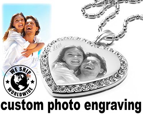 Personalized Photo Cubic Stone Heart Charm Pendant Dogtags Necklace Bundle with Engraving