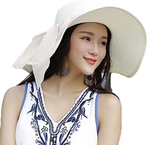 Womens Floppy Sun Hat Packable Wide Brim Straw Hat with Bowknot Off White