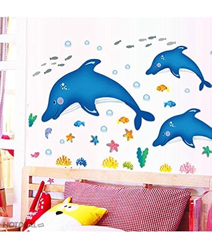 Decals Design Cartoon Dolphins Star Fish Underwater Creatures Wall Sticker (PVC Vinyl, 90 cm x 60 cm),Multicolour