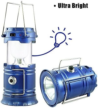 Solar LED Camping Lantern, AUSATON Rechargeable Camping Lamp with Foldaway Handle, Ultra Bright Collapsible Outdoor Flashlight for Backpacking, Hiking, Fishing and Emergencies (Blue)