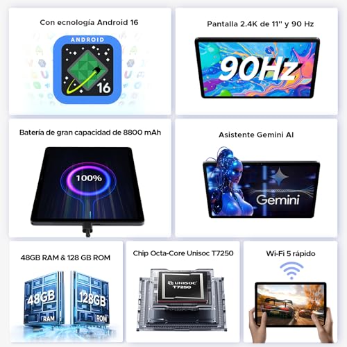 POPUX P11 Pro Tablet Android 16, 2.4K 90Hz Tablet 11 Pulgadas con Gemini AI, 48GB RAM+128GB ROM, Tablets T7250 Octa-Core, 13MP+5MP, 8800mAh, 5G WiFi, Auriculares, Tablets con Teclado&Lapiz, Negro