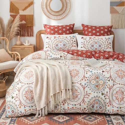 Freyamy Bettwäsche 135x200 Weiß Bunt Indischen Mandala Boho Bettwäsche Set
