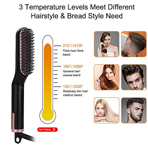Hair Straightening Brush, Beard Straightener Brush, VEGKEY 3-in-1 Ionic Straightening Comb with Anti-Scald Feature Heat Resistant Glove Adjustable Temperatures, Ceramic Hair Comb for Men Women