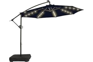 wikiwiki 10FT Solar Patio Offset Umbrella Outdoor Cantilever Umbrella Hanging Umbrellas with Weighted Base, Market Patio Umbrella for Backyard, Garden & Deck, Navy Blue