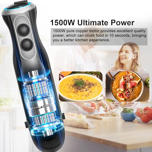Kolohoso 1500W Hand Blender, 4 in 1 Professional Multifunctional Mixer with 20 Speeds and Turbo, 304 Stainless Steel, Whisk, Chopper 500 ml and Measuring Cup 600 ml, for Smoothie Soups Sauces, BPA Free