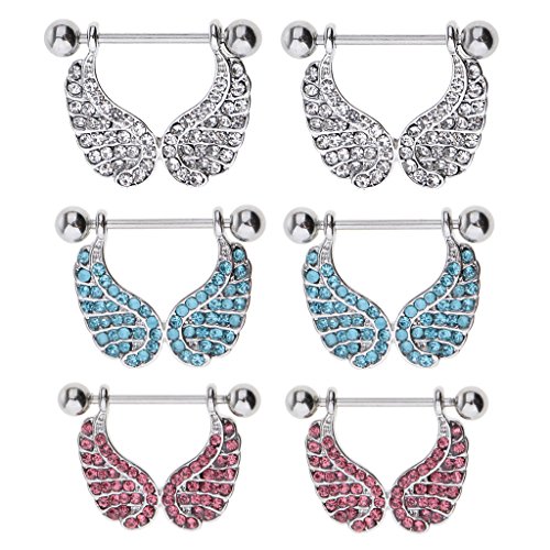 Dolity 1 Pair Stainless Steel Accent Angel Wings Nipple Shield 16g Full Crystal 16g - White - Thumbnail 7