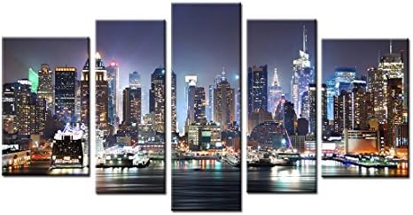 Englant Canvas Print of New York City Manhattan Night Skyline Cityscape Canvas Wall Art for Home and Office of 5 Panels Set (Unframed)