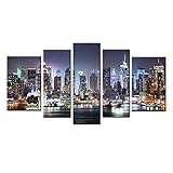 ENGLANT-Framed Canvas Print of New York City Manhattan Night Skyline Cityscape Canvas Wall Art for Home and Office of 5 Panels Set
