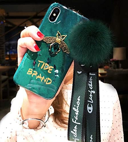 iPhone Xs Max Case,Fashion Black Marble Cute Bee Cover with Rabbit Fur Hairball Phone Case for iPhone Xs Max 6.5-inch,B5