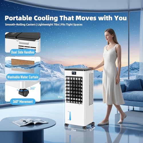 Portable Air Conditioners, 8L Evaporative Air Cooler with Remote and LED Display, 60W Energy-Efficient, 3 Speeds & 4 Modes, 12H Timer, 120°Oscillation, Portable AC Units for Rooms Bedroom Home Office