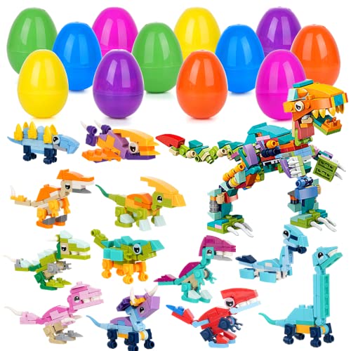 Tideme 12Pcs Prefilled Easter Eggs, Easter Baskets Stuffers with Dinosaurs Building Blocks, Dinosaur Surprise Egg Toys for Kids Easter Egg Hunt, Easter Party Favors, Classroom Event Prizes