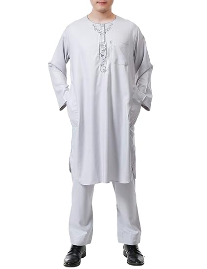 besbomig Herren Muslime Arabisch Thobe Mittlerer Osten Robe mit Hosen - Beiläufig Abaya Dubai Baumwolle und Leinen Zwei Stück