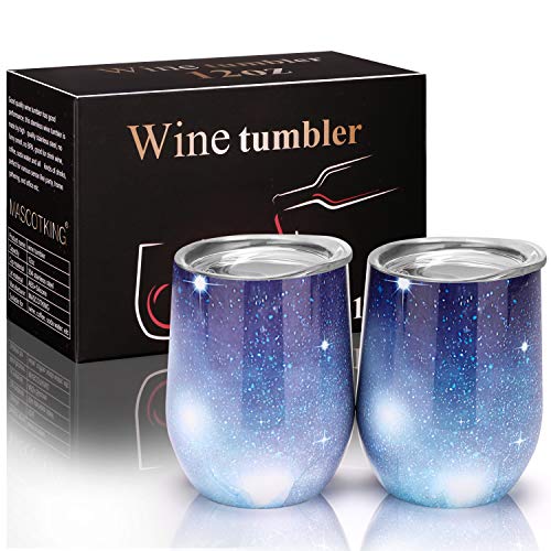 MASCOTKING Wine Glasses Tumbler - 12 oz 2 Pack - Double Wall Vacuum Insulated Cup with Lids for Keeping Wine, Coffee, Drinks - Beverage Warm in Winter - Christmas Present