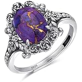 Phyonio Sterling Silver Ring for Women, Romantic Oxidized Flowers with Oval Turquoise, Bohemian Hippie Adjustable Ring Size 5-9