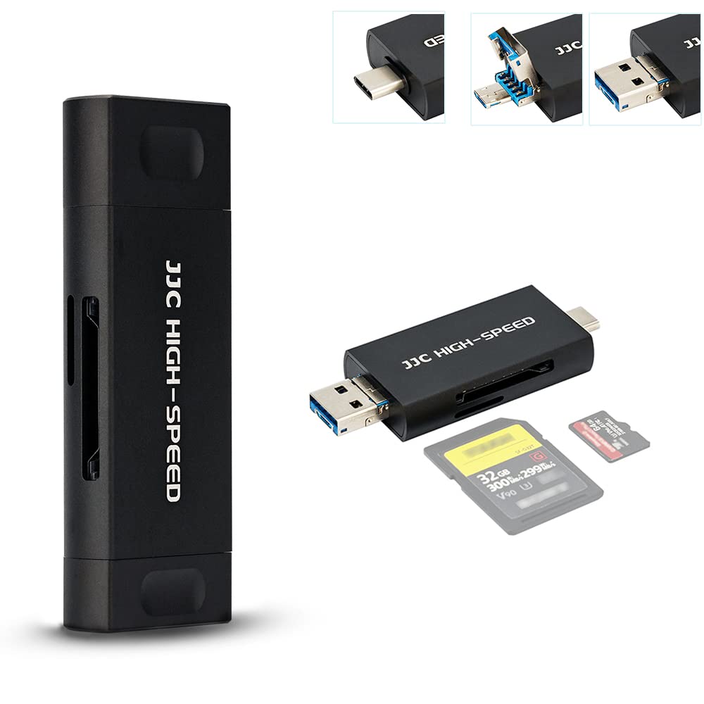 JJC Metal SD Card Reader, USB 3.1 Micro USB 2.0 Type-C 3.1 Easy Card Reader USB OTG Adapter for UHS-II UHS-I SD SDHC SDXC Micro SD Micro SDHC Micro SDXC Memory Cards (Black)