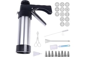 Cookie Press Set, Churro Maker, Biscuit Maker Press with 13 Cookies Discs,8 Piping Nozzles,2 Brushes,1 Piping Bag,1 Piping Sc