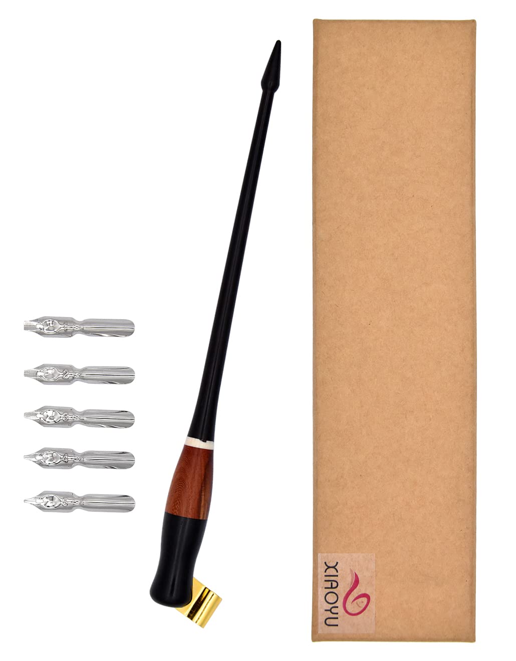XIAOYU Oblique Wooden Pen Set, Calligraphy Set for Beginners, 5 Calligraphy Dip Pen Nibs, Black