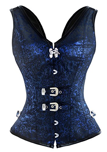 Kimring Women's Gothic Steampunk Spiral Steel Boned Jacquard Overbust Corset Vest Top with Buckles Blue Medium