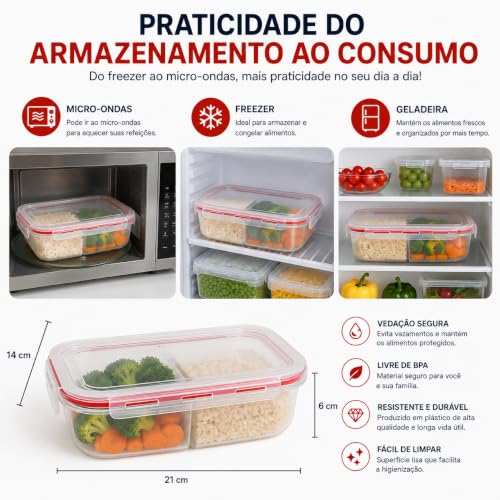 Potes Marmita Hermetica Com Divisorias Fitness 1l Com Travas Freezer Microondas Plastico Resistente Marmitas