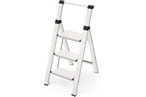 Taranta 3 Step Ladder, Lightweight Aluminum Step Stool with Convenient Handgrip, Folding Ladder with Anti-Slip Pedals, 330lbs Capacity Stepladder for Home, Office, Kitchen - White