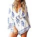 CM-Light Women Sexy V Neck Floral Romper 3 4 Sleeve Loose Jumpsuit Beach Cover up
