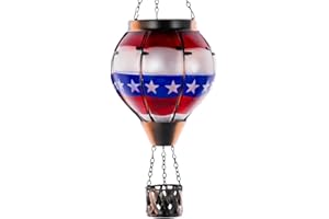 DREAMSOUL Flag Hot Air Balloon Solar Lantern, Glass Solar Lantern with Flickering Flame, Hanging Waterproof Solar Lanterns Outdoor Flag Day for Patio Garden Decor, Fourth of July Decorations