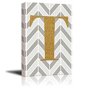 The Letter T in Gold Leaf Effect on Geometric Background - Modern Hip Young Art Art - Canvas Art Home Art - 12x18 inches