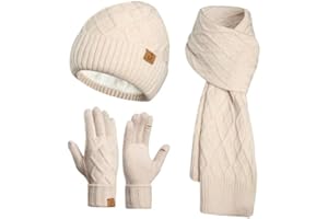 CRUNCH CRATE Winter Beanie Warm Hat Long Scarf Touchscreen Glove Set with Fleece Lined Skull Caps Neck Warmer Scarves for Men&Women