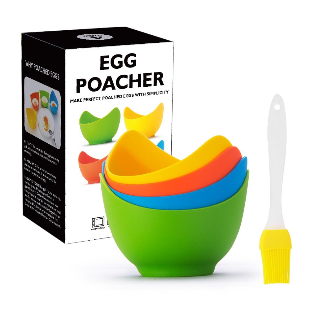 Egg Poacher Poacher 4 Pack Silicone Egg Poacher Cups - Poached Egg Cooker for Microwave or Stove - Poached Egg Cooker with Bonus Oil Brush - BPA Free