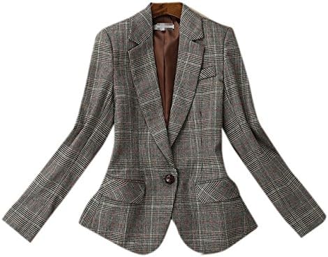 Friendshop Womens Casual Plaid Check Leather Lapel Slim Fit Coat Jacket Blazer