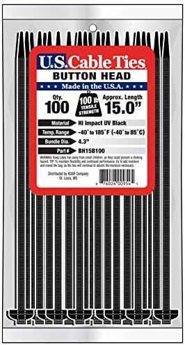 US Cable Ties BH15B100 15-Inch Button Head Ties, UV Black, 100-Pack