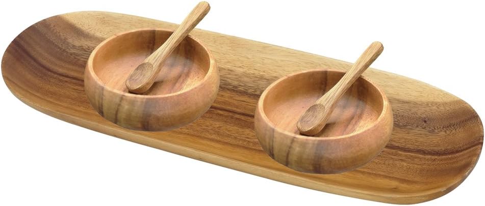 PACIFIC MERCHANTS Acaciaware Acacia Wood Serving Tray 12-inch by 5-inch, and (2) 4-inch Dipping, Sauce and Nut Bowls with Spoons, 5-pc Set
