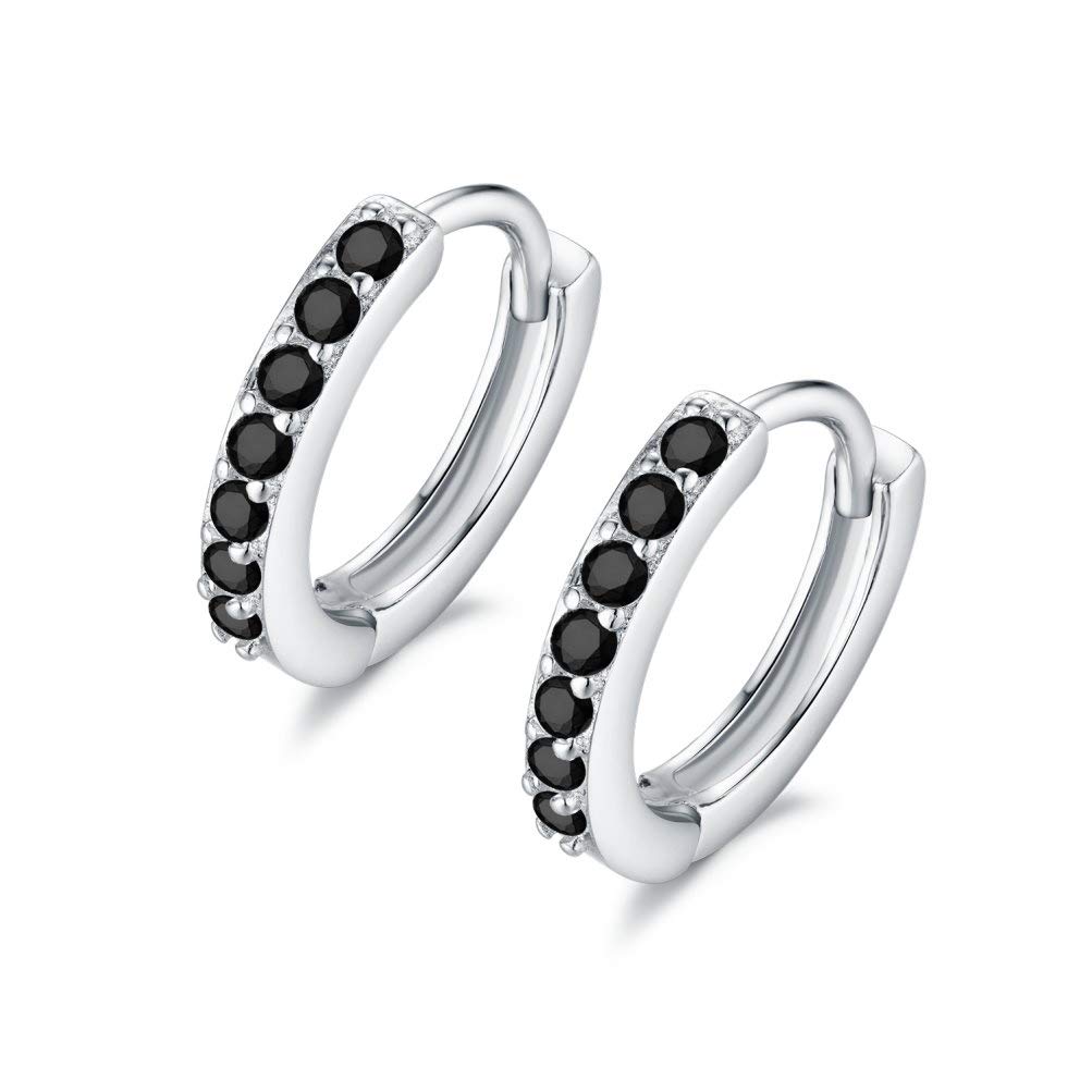 925 Sterling Silver Cubic Zirconia Tiny Mini Cartilage Small Hoop Earrings for Women Girls Black Diamond Round CZ Huggie Hoops 8mm (8mm Black)