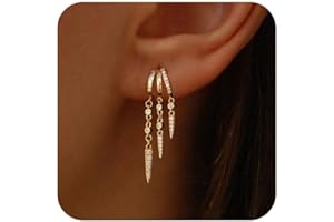 SELSHE Dangle Earrings for Women,14k Gold Plated Triple Huggie Stud Earrings Cute Statement Chain Earring Dainty Drop Earrings for Women Trendy Gold Plated Jewelry