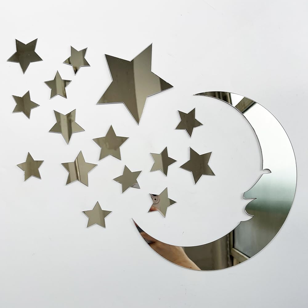 Photo 1 of 37pcs 3D Moon and Stars Silver Acrylic Wall Stickers with Adhesive Art Decal Satin Paper Baby Kids Bedroom Home DIY Decor Removable Stickers (Moon and Stars)