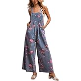 chouyatou Women's Summer Boho Floral Denim Bib Overalls Adjustable Strap Wide Leg Jumpsuits Jeans with Pockets