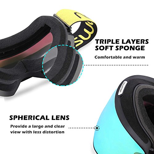 Ski Goggles, HAMSWAN Ski Snowboard Snow Goggles Anti-fog OTG UV400 Protection Detachable Double Lens for Winter Outdoor Sports (Gold-Plating)
