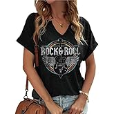Women Vintage V Neck Shirts Rock and Roll Music Guitar Graphic T Shirt Country Music Tops Teacher Tee