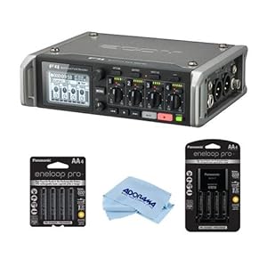 Zoom F4 Multitrack Field Recorder with Timecode – 8x AA Ni-MH Batteries With Charger, Microfiber Cloth