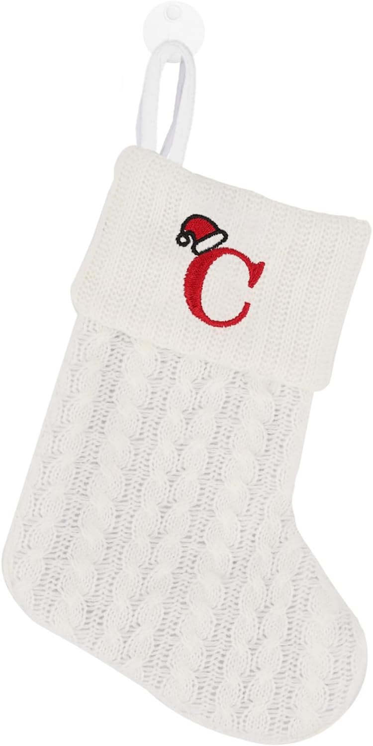 Stockings & Holders - OJCHRLKF 7 Inches Mini Cute Initial Monogram Embroidered Christmas Stocking Knitted Christmas Decorations Stocking Red,White,Green Knit Mini Stocking Christmas Decorations-58-C-White