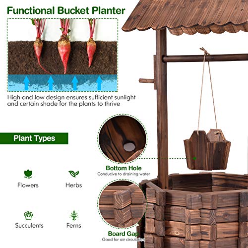 Giantex Rustic Wooden Wishing Well Planter with Hanging Bucket and Roof