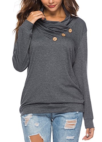 KISSMODA Loose Fit Tshirt Blouse for Women Basic Tops Long Sleeves with Buttons Solid Color Drak Gray Medium