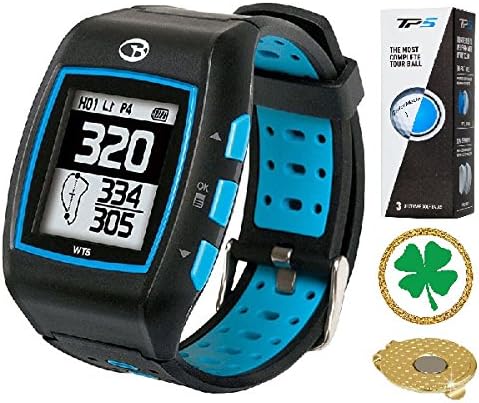 AMBA GolfBuddy WT5 Golf GPS/Rangefinder Watch (40k+ Preloaded Worldwide Courses) Bundle with 1 Sleeve (3 Balls) Taylormade TP5 and Magnetic Hat Clip Ball Marker (Four Leaf Clover)