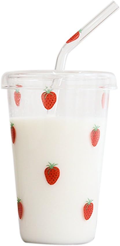 Creative Cute Cartoon Transparent Glass Strawberry Pattern Durable Porcelain Ceramic Coffee Tea Milk Water Ice Beer Cola Cup Mug Tumbler with Cover & Straw for Kids Girlfriend Home Office Decor