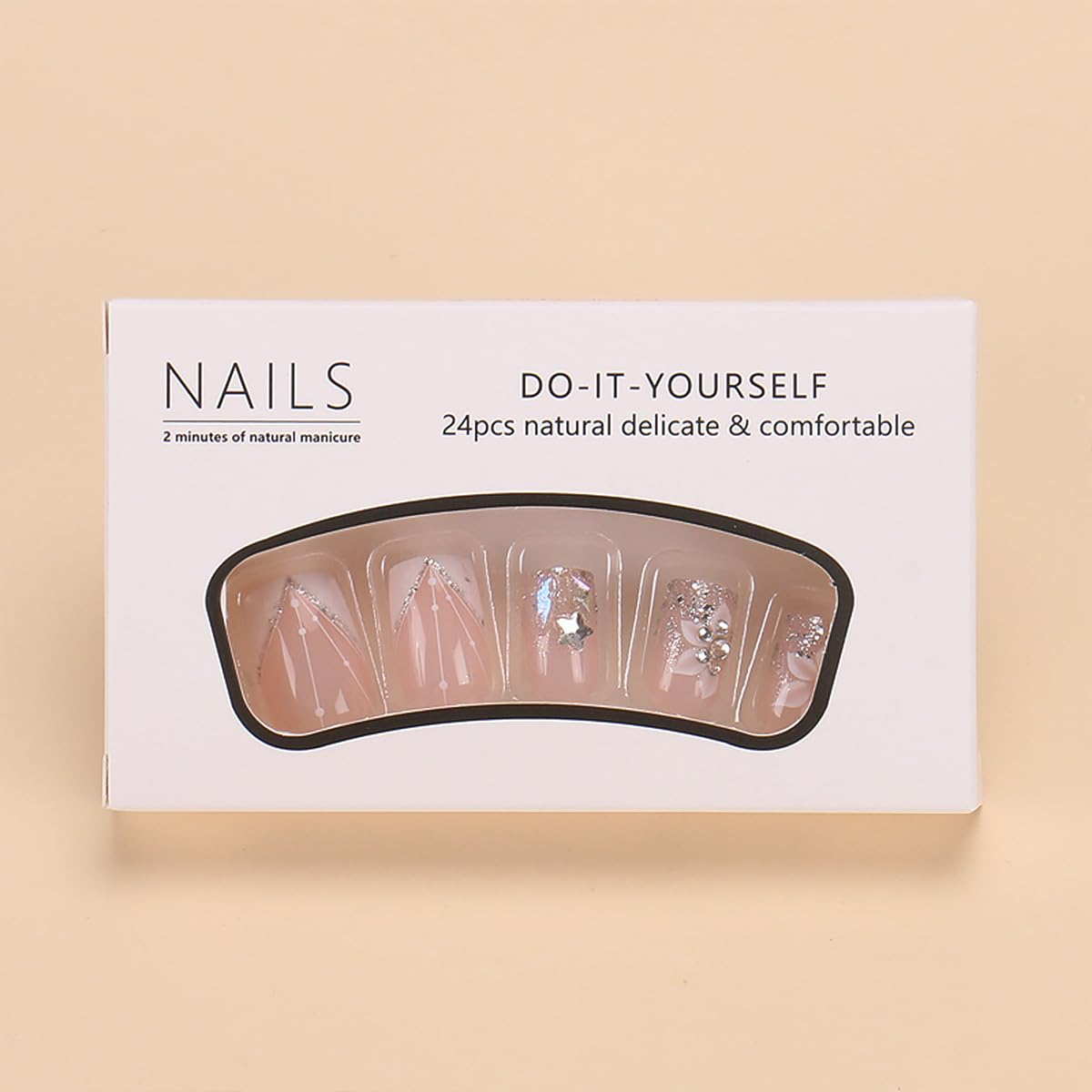 24pcs French Tip Press on Nails Short Square Fake Nails White Flower with Star Rhinestones Design Glitter False Nails Luxury Nail Charms Crafts White Stripes Glue on Nails for Women DIY Nails Kit - Image 4