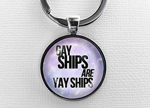 Gay Ships Are Yay Ships Keychain, Glass Pendant Keyring, Geek Gift, Text Charm Jewelry, Yaoi, Yuri, Fandom, Book Lover, Anime Key Chain Ring