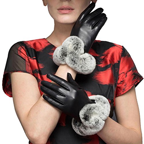 XOMO Women's Winter Warm Lambskin Leather Gloves For Women Soft Fur Black L