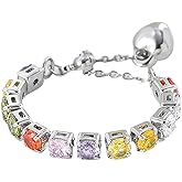 Kokoma Colorful Cubic Zirconia Link Chain Statement Rings for Women Geometry Tiny Rhinestone Square Ring Dangle Heart Stackable Adjustable Finger Band Dainty Jewelry