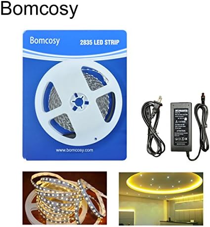 Bomcosy SMD2835 Non-waterproof IP20 Led Strip,600LEDs flexible LED lighting strip,Warm White 3000K LED Tape,16.4Ft(5 Meter),Not Dimmable,LED Light Strip+DC12V/5A Power Supply,High Brightness